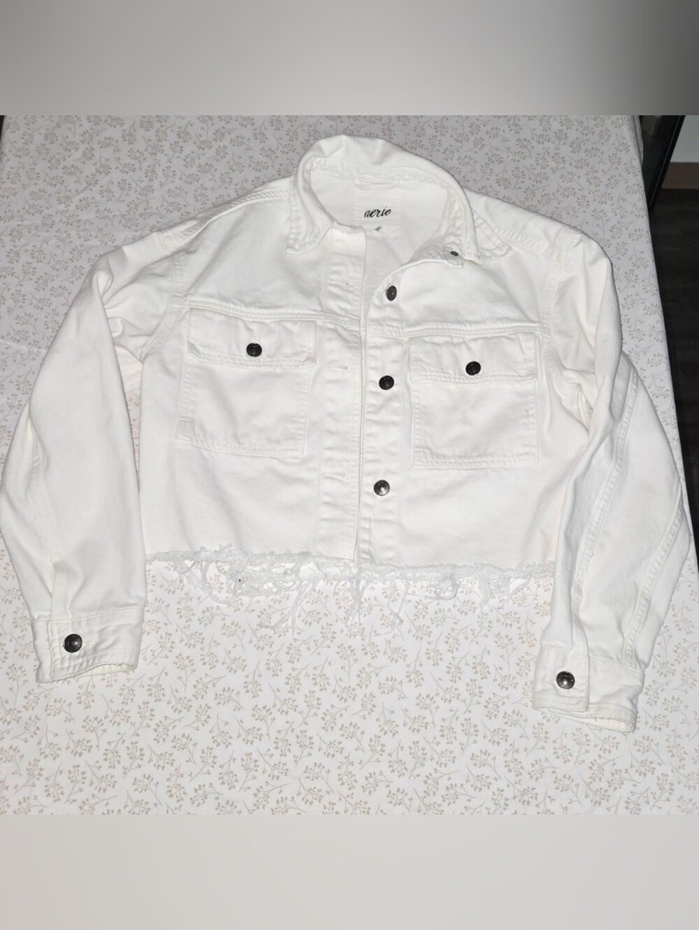 aerie White Cropped Denim Jacket with Lace Hem